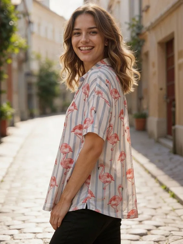 White_Rayon_Famingo_Striped_Top