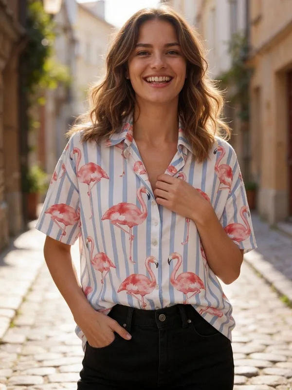 White_Rayon_Famingo_Striped_Top