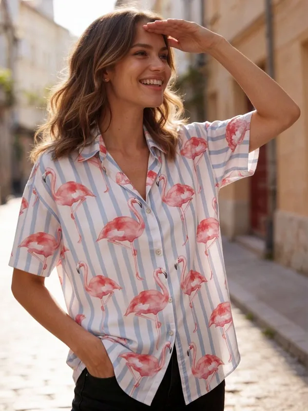 White_Rayon_Famingo_Striped_Top