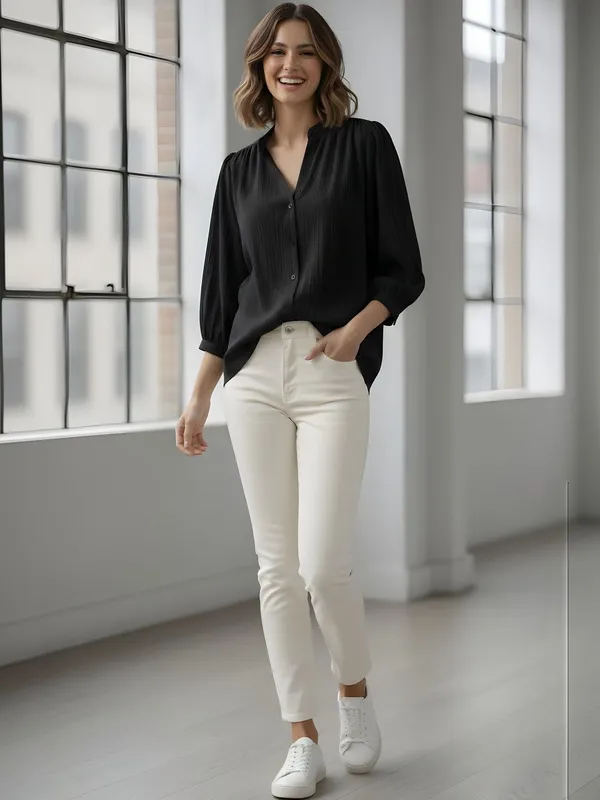 Black_Polyester_Crinkled_Textured_Solid_Top