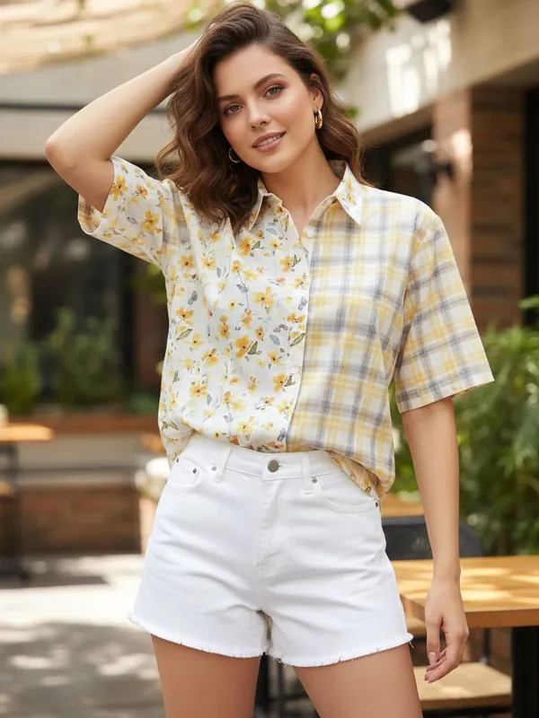 Yellow_Vatican_Checkered_Floral_Printed_Tops