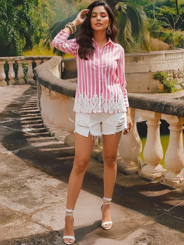 Pink_Cotton_Striped_Lace_embroidery_Shirts