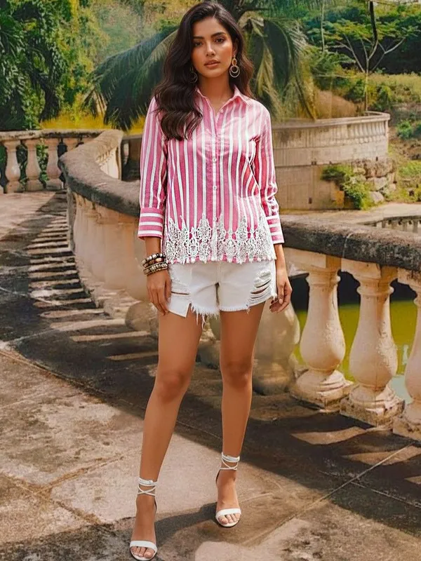 Pink_Cotton_Striped_Lace_embroidery_Shirts
