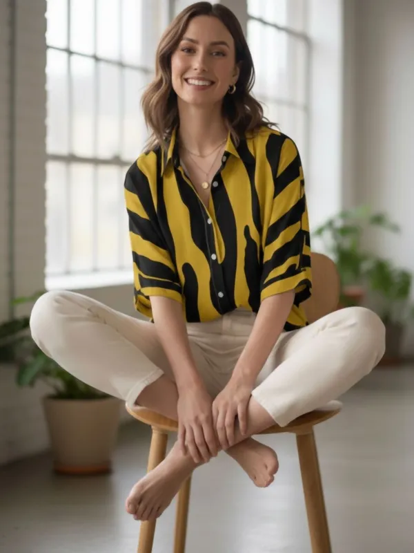 Yellow-Black_Polyester_Abstract_Printed_Tops
