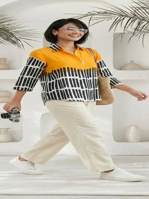 Yellow-Black_rayon_Solid_and_striped_top