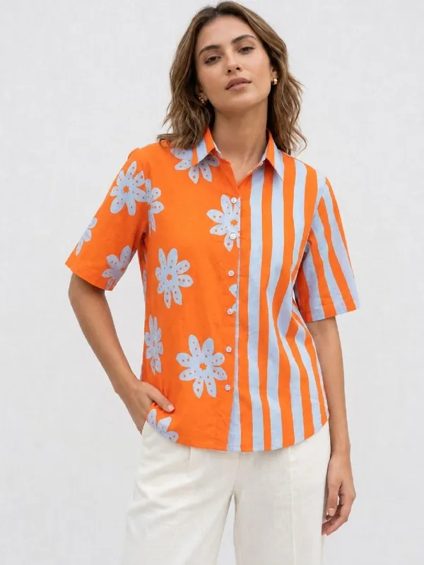 Orange_Rayon_Floral_With_Striped_Printed_Shirts