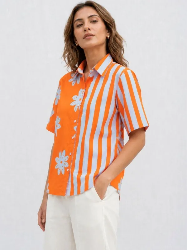 Orange_Rayon_Floral_With_Striped_Printed_Shirts