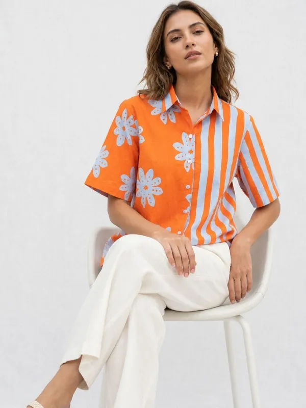 Orange_Rayon_Floral_With_Striped_Printed_Shirts