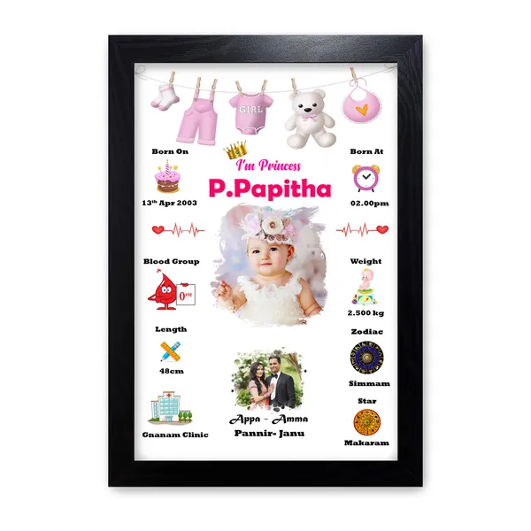 Personalized_Newborn_Baby_Birth_Details_Photo_Frame_–_Custom_Pink_Princess_Theme