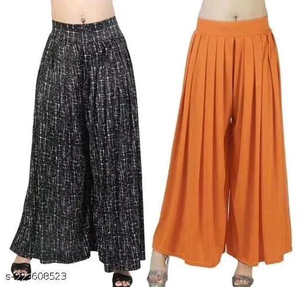 Set_Of_2-Black_And_Orange_Lycra_Elastic_Waistband_Palazzo_For_Women
