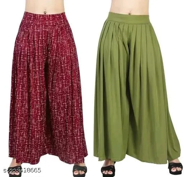 Set_Of_2-Maroon_And_Mehndi_Lycra_Elastic_Waistband_Palazzo_For_Women