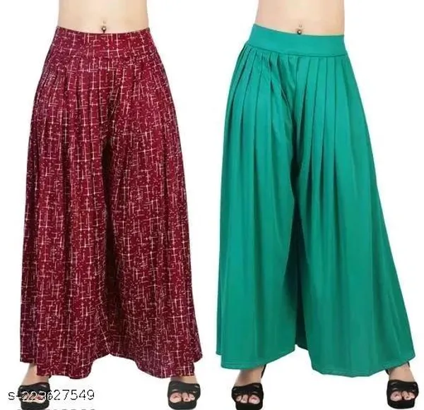 Set_Of_2-Maroon_Rama_Green_Lycra_Elastic_Waistband_Palazzo_For_Women