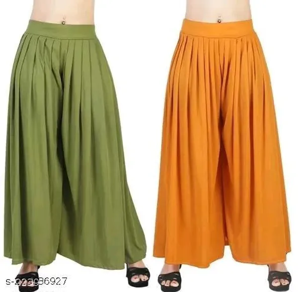 Set_Of_2-Mehndi_And_Yellow_Lycra_Elastic_Waistband_Palazzo_For_Women