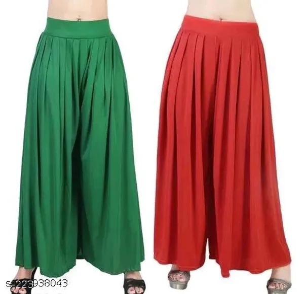 Set_Of_2-Pakistani_Green_And_Red_Lycra_Elastic_Waistband_Palazzo_For_Women