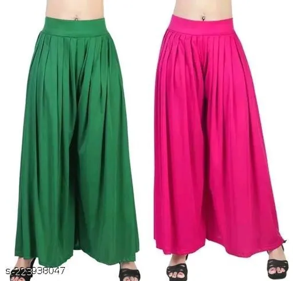 Set_Of_2-Pakistani_Green_And_Rani_Pink_Lycra_Elastic_Waistband_Palazzo_For_Women