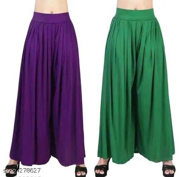 Set_Of_2-Purple_And_Pakistani_Green_Lycra_Elastic_Waistband_Palazzo_For_Women