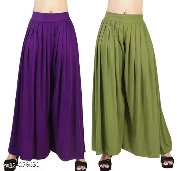 Set_Of_2-Purple_And_Mehndi_Lycra_Elastic_Waistband_Palazzo_For_Women