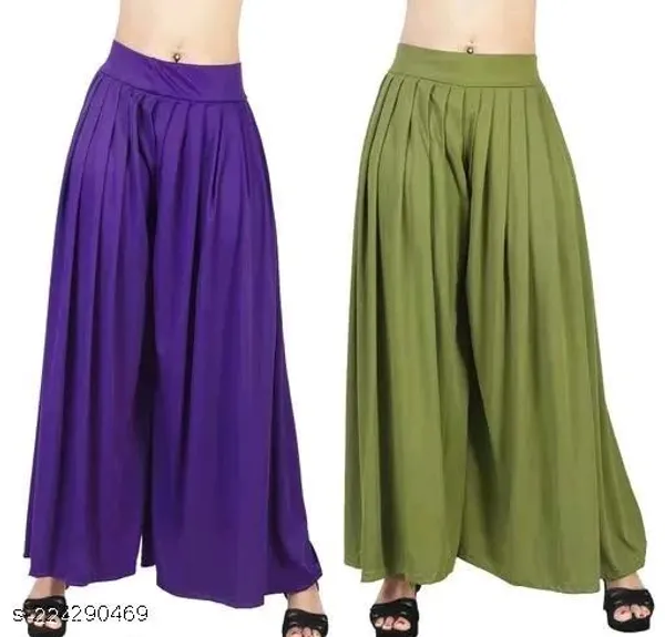Set_Of_2-Purple_And_Mehndi_Lycra_Elastic_Waistband_Palazzo_For_Women