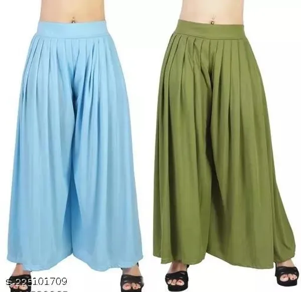 Set_Of_2-Sky_Blue_And_Mehndi_Mid_Rise_Lycra_Elastic_Waistband_Palazzo_For_Women