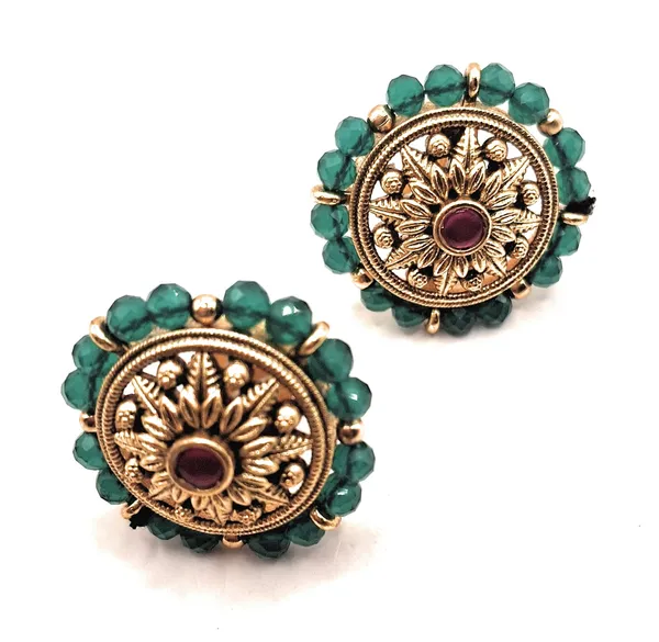 Green_And_Gold_And_Dark_Pink_Alloy_And_Gold_Plated_Premium_Stud_Earrings_For_Women