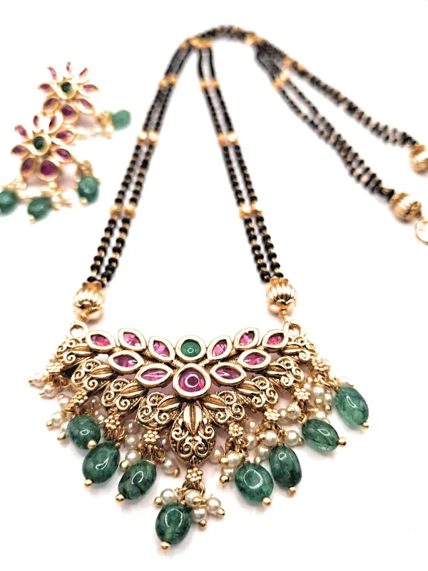 Red_And_Green_Alloy_And_Gold_Plated_And_Artificial_Stones_And_Black_Beads_Premium_Mangalsutra_For_Women