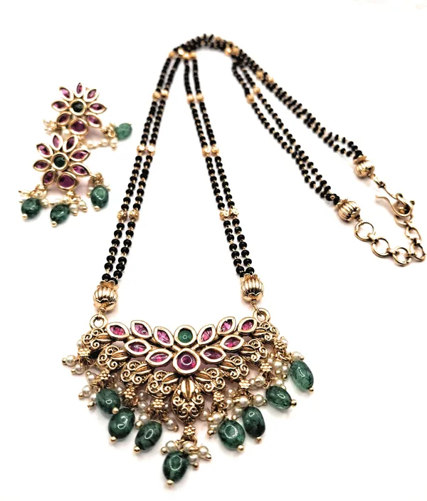 Red_And_Green_Alloy_And_Gold_Plated_And_Artificial_Stones_And_Black_Beads_Premium_Mangalsutra_For_Women