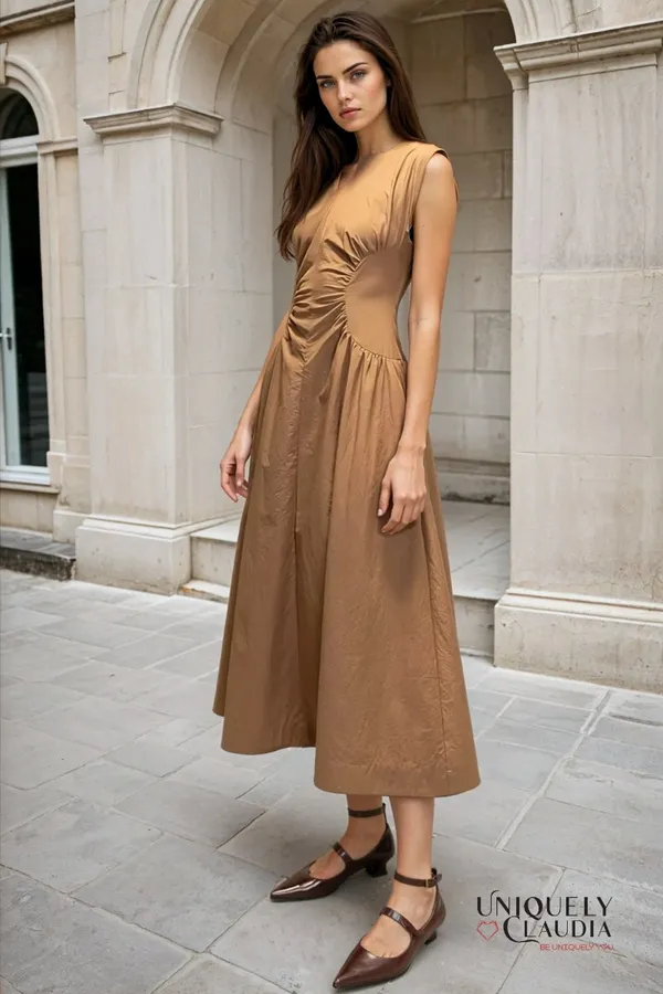 Beige_Polyester_Blend_Premium_Midi_Dress_For_Women