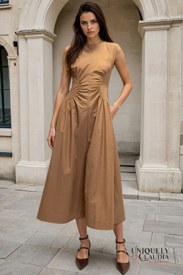 Beige_Polyester_Blend_Premium_Midi_Dress_For_Women