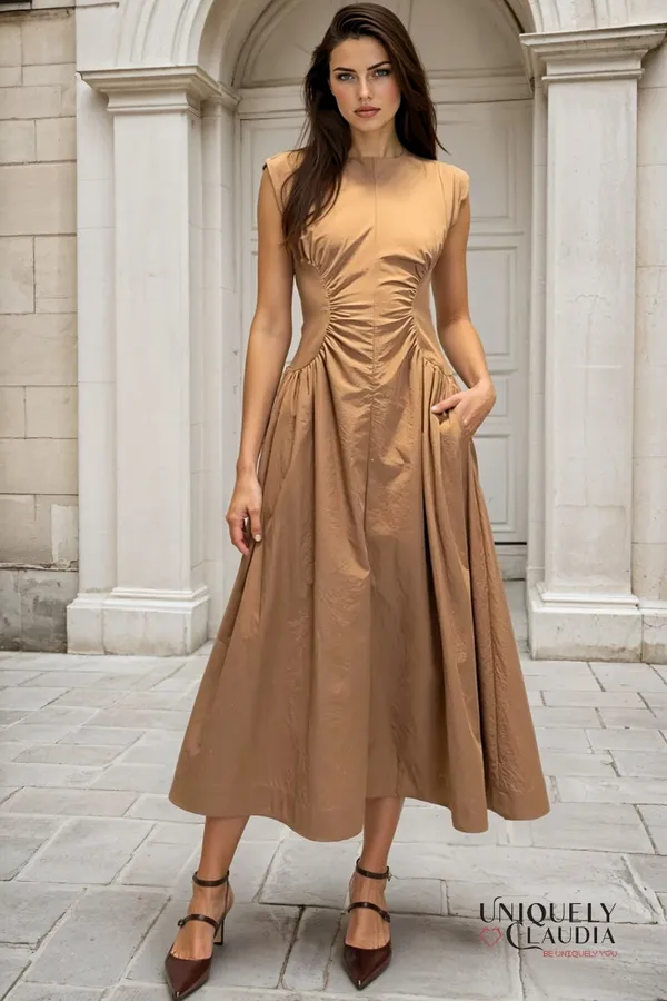 Beige_Polyester_Blend_Premium_Midi_Dress_For_Women
