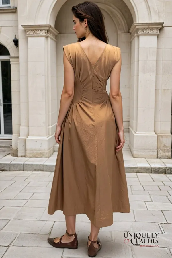 Beige_Polyester_Blend_Premium_Midi_Dress_For_Women