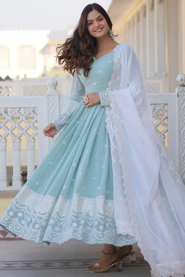 Sky_Blue_Cotton_Blend_Premium_Anarkali_Set_For_Women