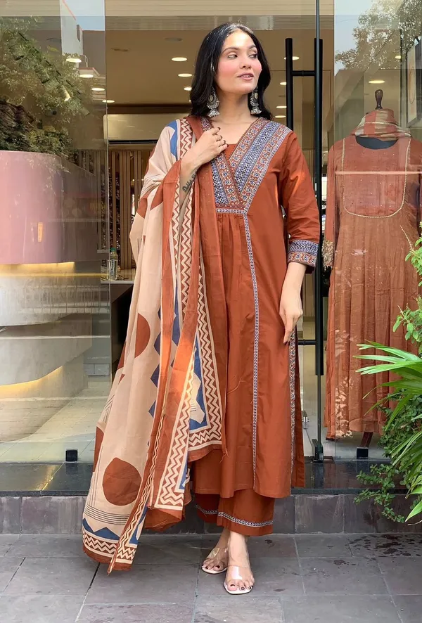 Brown_Cotton_Blend_Premium_Kurta_Set_For_Women