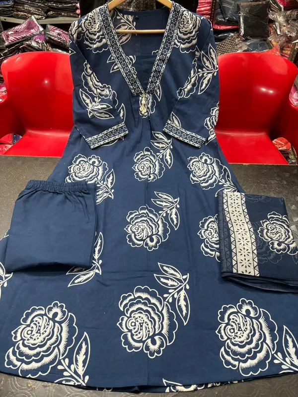 Navy_Blue_Cotton_Blend_Premium_Kurta_Set_For_Women