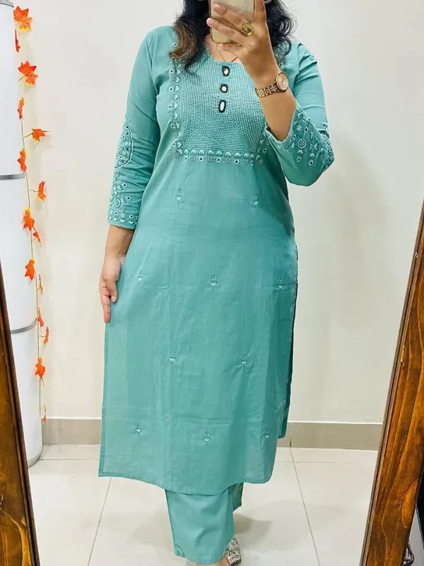 Mint_Green_Cotton_Blend_Premium_Kurta_Set_For_Women