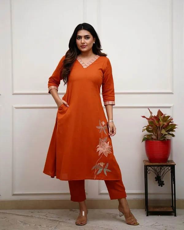 Rust_Orange_Cotton_Blend_Premium_Kurta_Set_For_Women