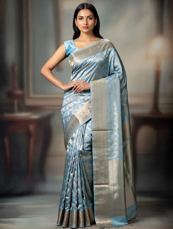 Blue_Silk_Viskos_Cross_Design_Saree_For_Women