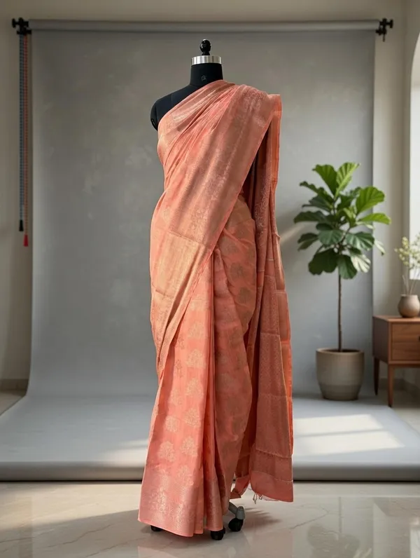 Peach_Silk_Viskos_Tree_Boota_Saree_For_Women