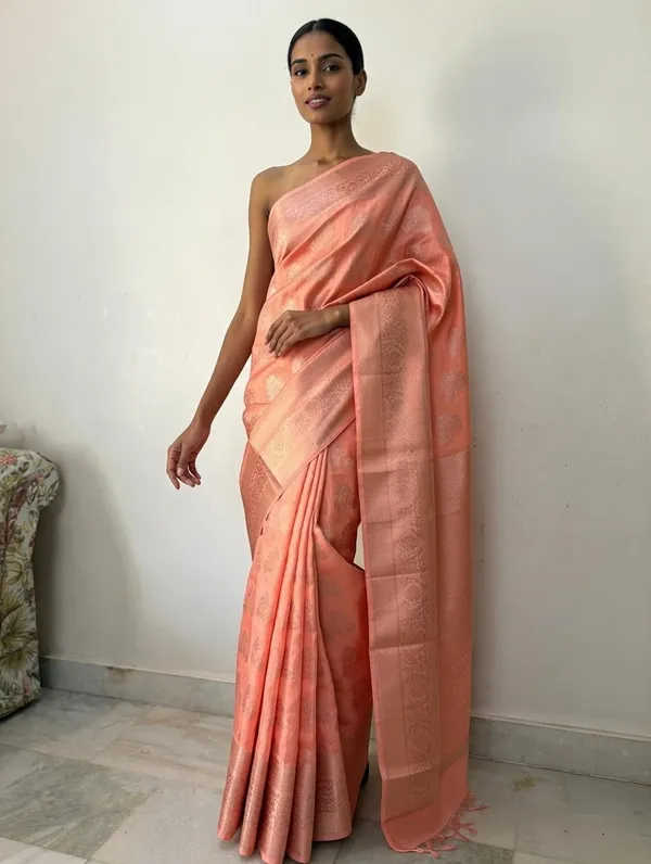 Peach_Silk_Viskos_Tree_Boota_Saree_For_Women