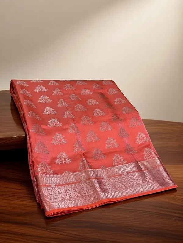 Peach_Silk_Viskos_Tree_Boota_Saree_For_Women