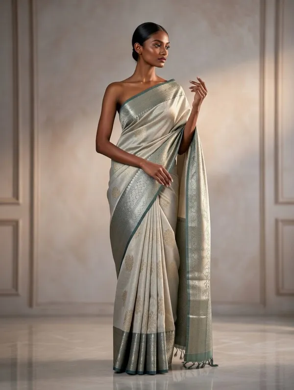 Light_Grey_And_Green__Cotton_Manali_Buta_Design_Saree_For_Women