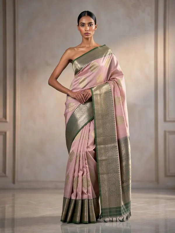 Baby_Pink_And_Green__Cotton_Manali_Buta_Design_Saree_For_Women