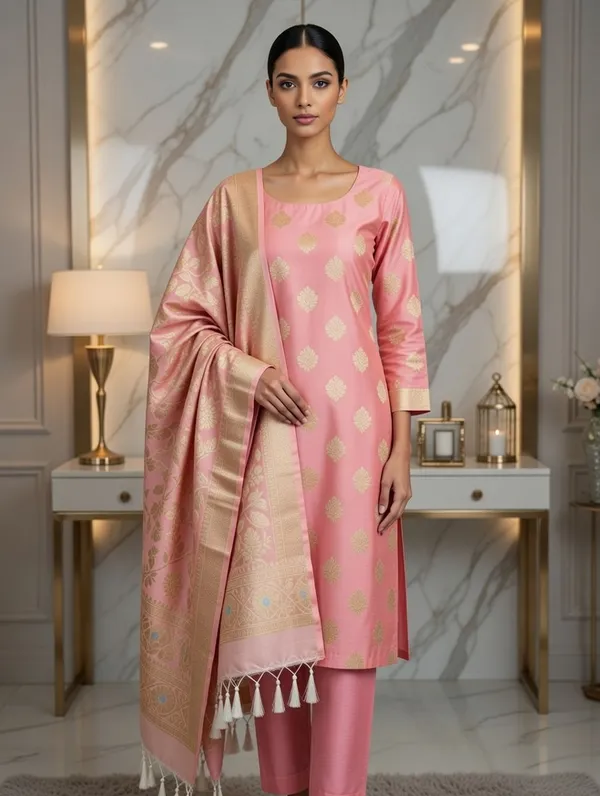 Peach_Silk_Boota_Kurti_And_Jaal_Design_On_Dupatta_Unstitched_Suit_For_Women