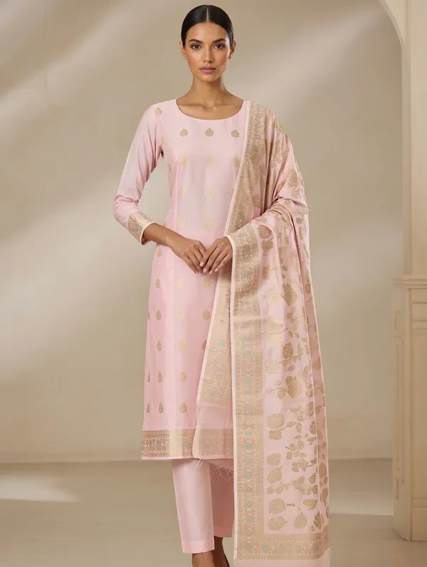 Baby_Pink_Silk_Boota_Kurti_And_Jaal_Design_On_Dupatta_Unstitched_Suit_For_Women