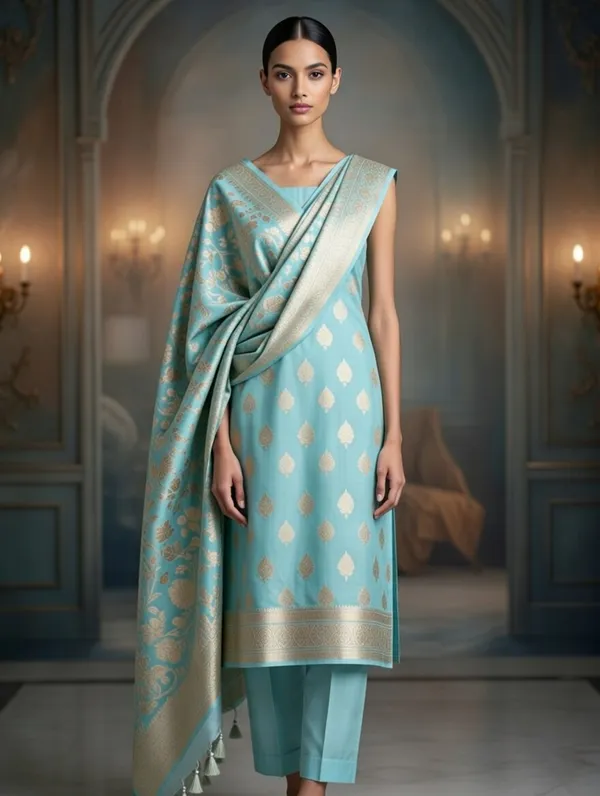 Blue_Silk_Boota_Kurti_And_Jaal_Design_On_Dupatta_Unstitched_Suit_For_Women