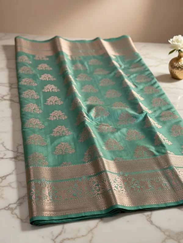 Teal_Silk_Viskos_Tree_Boota_Saree_For_Women