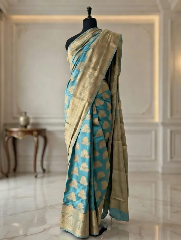 Teal_Silk_Viskos_Tree_Boota_Saree_For_Women