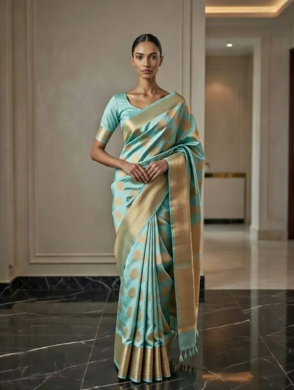 Teal_Silk_Viskos_Tree_Boota_Saree_For_Women