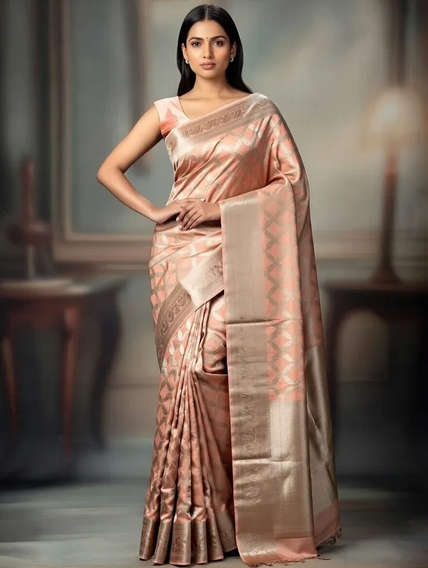 Peach_Silk_Viskos_Cross_Design_Saree_For_Women