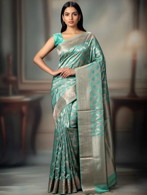 Teal_Silk_Viskos_Cross_Design_Saree_For_Women