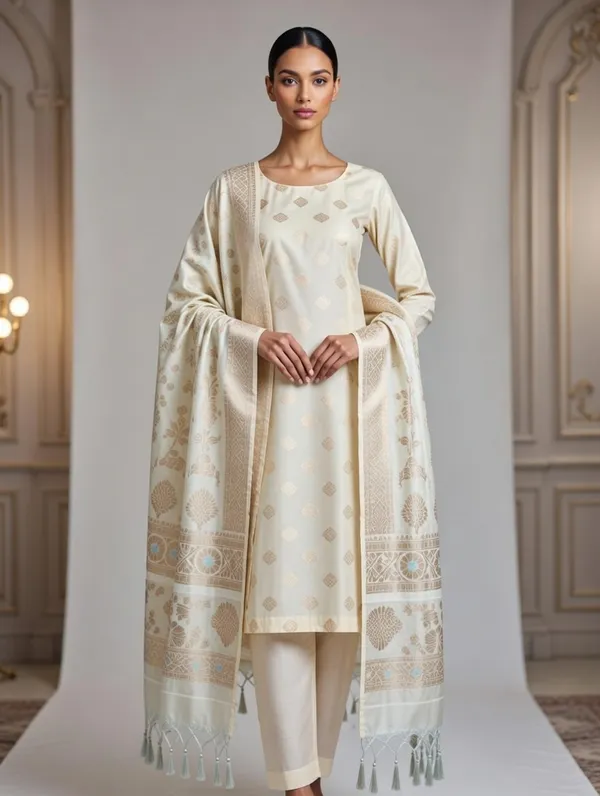 Creme_Silk_Boota_Kurti_And_Jaal_Design_On_Dupatta_Unstitched_Suit_For_Women